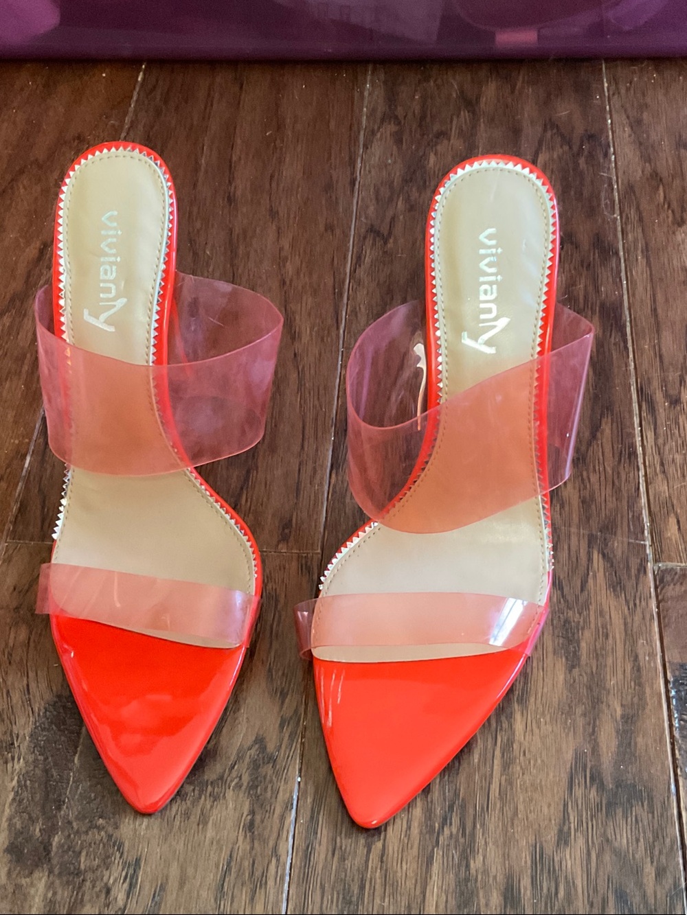Vivianly Red Pointed-Toe Mules with Clear Straps